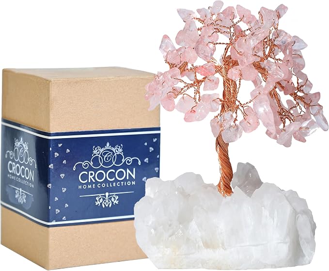 Crocon Rose Quartz Crystal Tree with White Aura Base Tree of Life Decor for Shelf, Bedroom, Birthday Gifts for Women, Sister Gift, Birthday Gifts for Mom, Cute Home Office Decor Housewarming Present