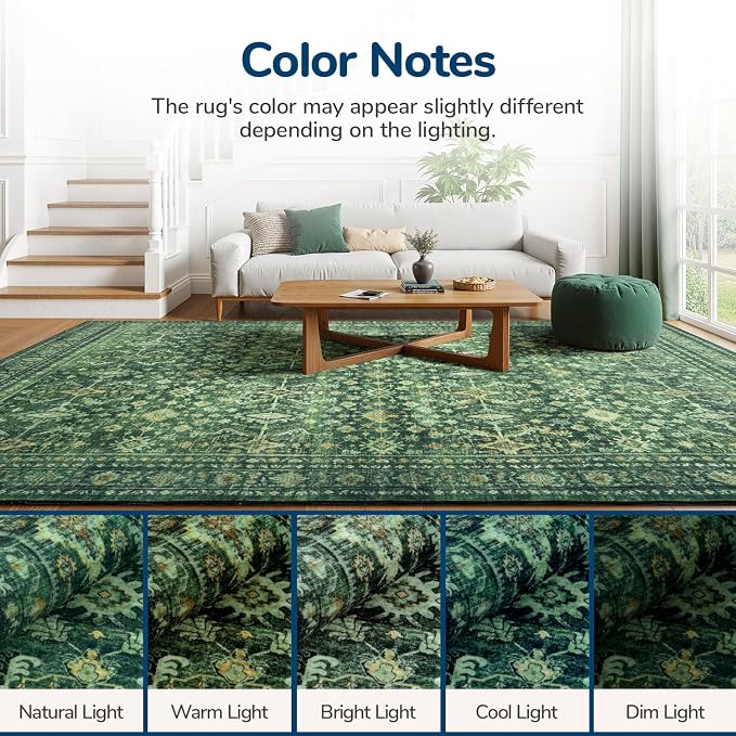 Lessymo 5x8 Washable Area Rug with Non Slip Backing,Soft Boho Indoor Carpets for Living Room Bedroom Nursery, Kid and Pet Friendly, Green