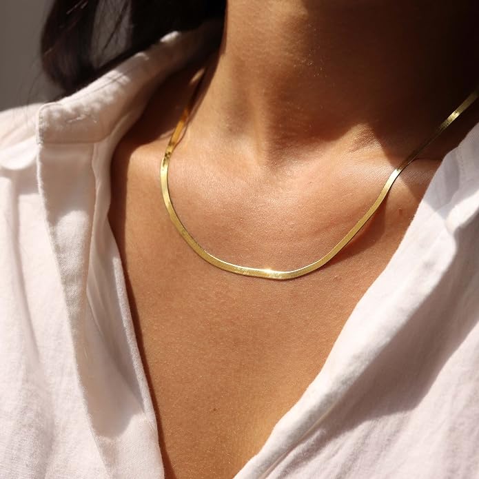 DEARMAY 14K Gold Plated Herringbone Necklaces for Women, Dainty Gold Snake Choker Chain Non Tarnish Trendy Simple Thin & Chunky Options Neckalce 1.5/3/5/6/8mm Chain Jewelry for Gifts