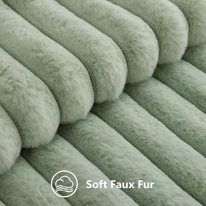 decorUhome Fall Faux Fur Throw Pillow Covers 16x16 Set of 2 Sage Green | Decorative Soft Cozy Striped Plush Modern Farmhouse Boho Couch Pillow Cases Velvet Back for Sofa Bed Living Room Home Decor