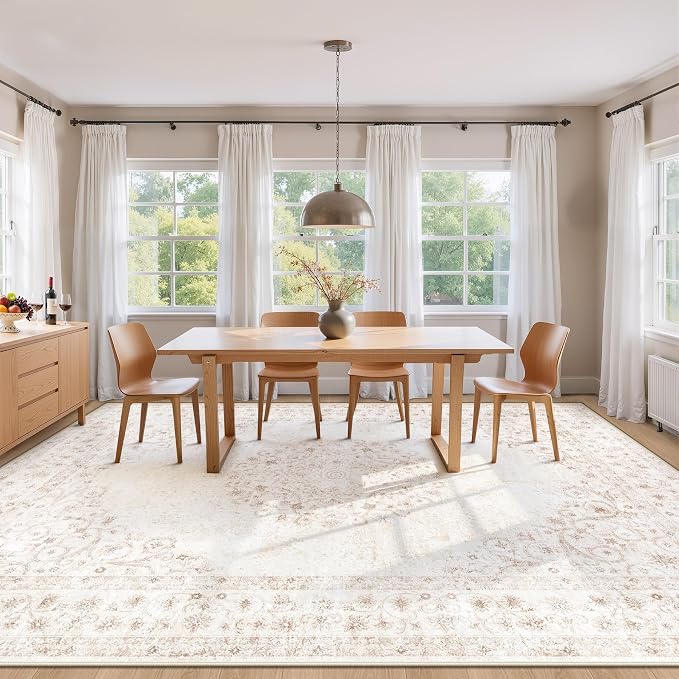 Area Rug 8x10 Vintage Rug: Large Washable Indoor Medallion Rugs Low Pile Distressed Floor Carpet Retro Accent Rug for Living Room Bedroom Kitchen Dining Table Home Office(Distressed Beige, 8'x10')