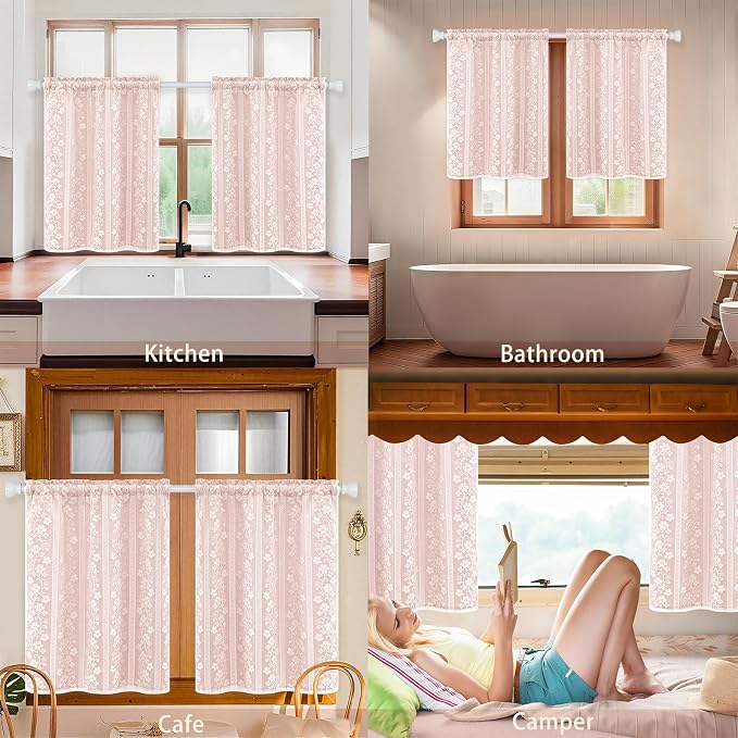 ASPMIZ Linen Pink Kitchen Tier Curtains 24 Inch Length, Double Layered Kitchen Curtains with Linen and Lace, Rod Pocket Short Window Curtain, Farmhouse Window Treatments for Bathroom, Cafe, 2 Panel