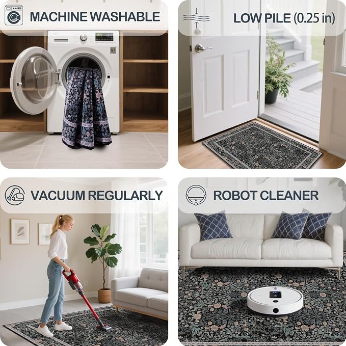 Washable 2x3 Entry Rug, Front Door Rugs Indoor, Vintage Floral Area Rugs for Kitchen, Non-Slip Bathroom Small Rugs, Perfect for Entryway Decor Door Mat (2x3 Black)