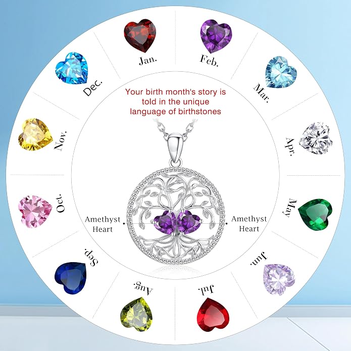 Mothers Day Gifts for Women，925 Sterling Silver Family Tree of Life Pendant Necklaces with 2 Heart Birthstone Jewelry Birthday Anniversary Christmas Gifts for Her Girlfriend Mom Wife Grandma Daughter