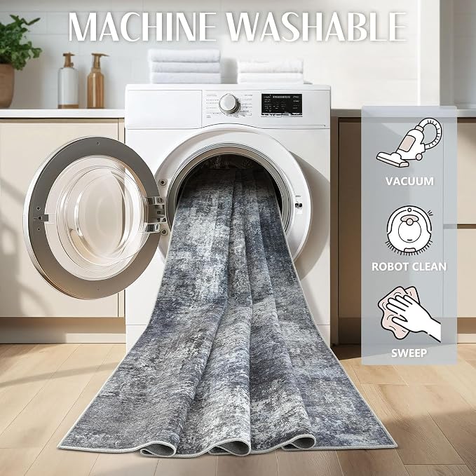 Abstract 6x9 Area Rug: Machine Washable Non Slip Ultra Thin Low-Pile Carpet, Soft Stain Resistant for Living Room Bedroom Nursery, Kid Pet Friendly, Robot Vacuum Compatible - Dark Grey/Blue