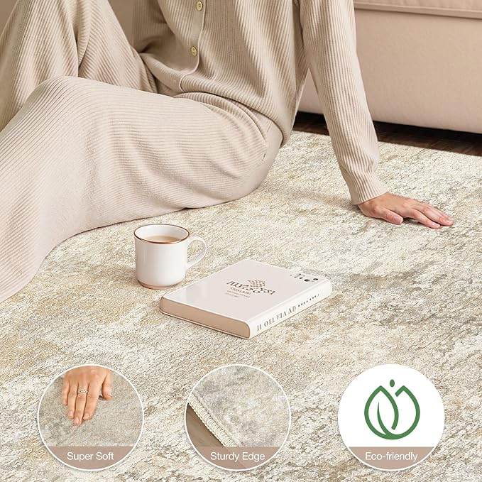 cotiled 10x14 Area Rug Abstract Soft Non Slip Washable Rugs for Living Room | Stain Resistant, Robot Vacuum & Pet Friendly, Low-pile, For Living Room, Bedroom, Dining Table, Nursery Beige