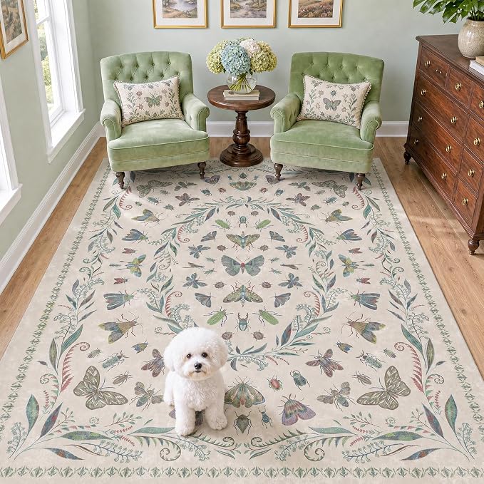 5x8 Beige and Green Nursery Rug - Colorful Rug for Playroom, Bedroom, Living Room, Insect Butterfly Floral Non-Slip Soft Carpet