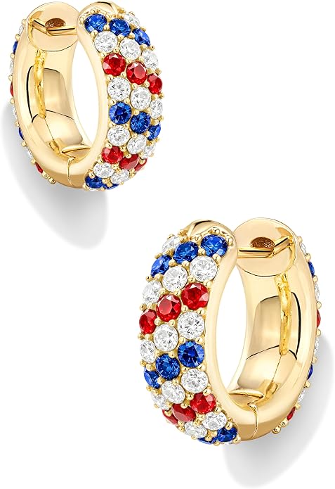 4th of July Patriotic Hoop Earrings for Women, 14K Gold Plated Red White Blue Cubic Zirconia Chunky Small Huggie Hoops, 250th Anniversary USA Flag Independence Day Hypoallergenic Jewelry Gifts