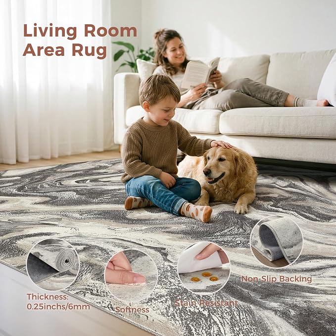 DMOYEST 5x7 Washable Area Rug for Living Room,Non Slip Abstract Rugs,Modern Soft Low Pile Carpet for Bedroom,Dining Room,Home Office-Ash Grey