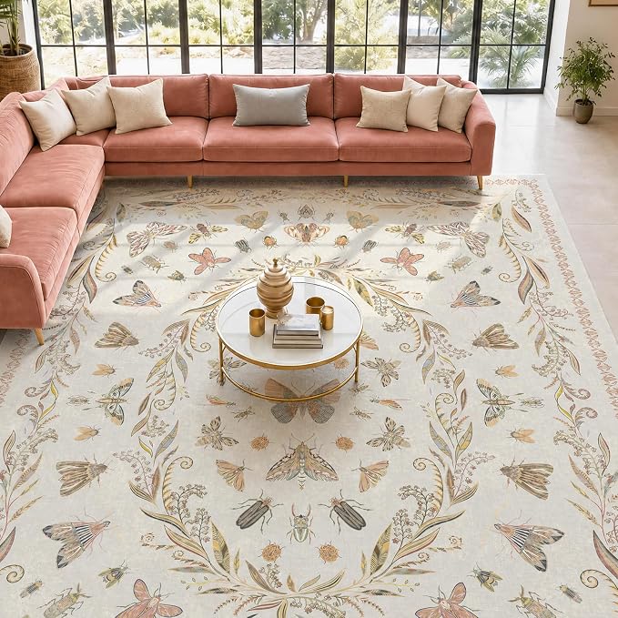 Lunasun Insect Beige Pink Rug for Living Room - 9x12 Cute Rugs for Bedroom, Moth Floral Boho Design, Low Pile Stain Resistant Washable, Perfect for High Traffic Area