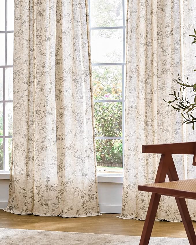 Lazzzy Grey Floral Linen Curtains 63 Inch Farmhouse Back Tab Drapes for Living Room Bedroom Light Filtering Vintage Grandmillennial Rod Pocket Curtains, 2 Panels, W38 x L63, Grey on Beige
