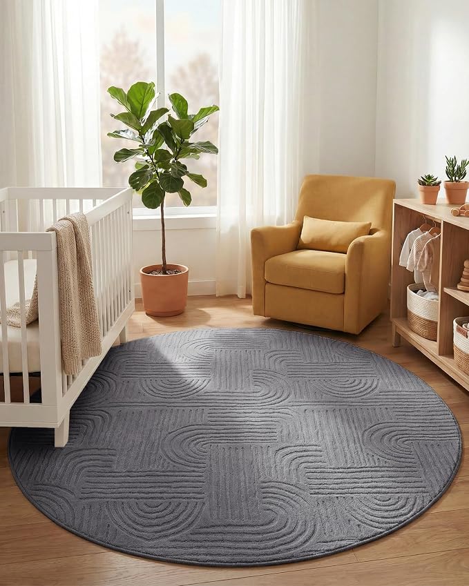 Carvapet 5.2' Round Rug Grey Washable High Low Pile Area Rug Soft Plush Carpet for Living Room Bedroom Non Slip Indoor Floor Rug for Home Kids Nursery Decor