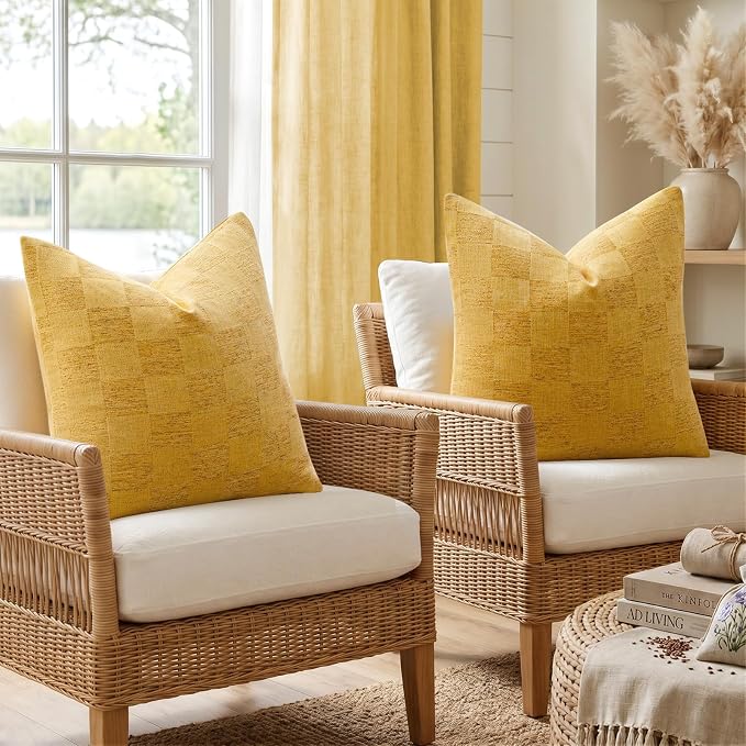 a moment Set of 2 Decorative Linen Throw Pillow Covers,Large Grid Textured Neutral Boho Farmhouse Cushion Covers,Soft Aesthetic Pillowcases for Couch Sofa Living Room Home Decor,22x22 Inch,Yellow