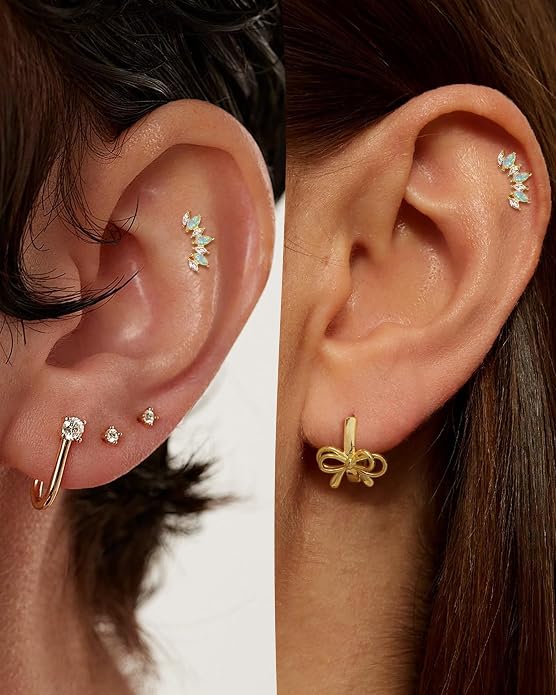 COCHARM 14K Gold Plated Cartilage Earrings Stud 925 Sterling Silver Opal Helix Earrings for Women Internally Thread Flat Back Earrings Heart