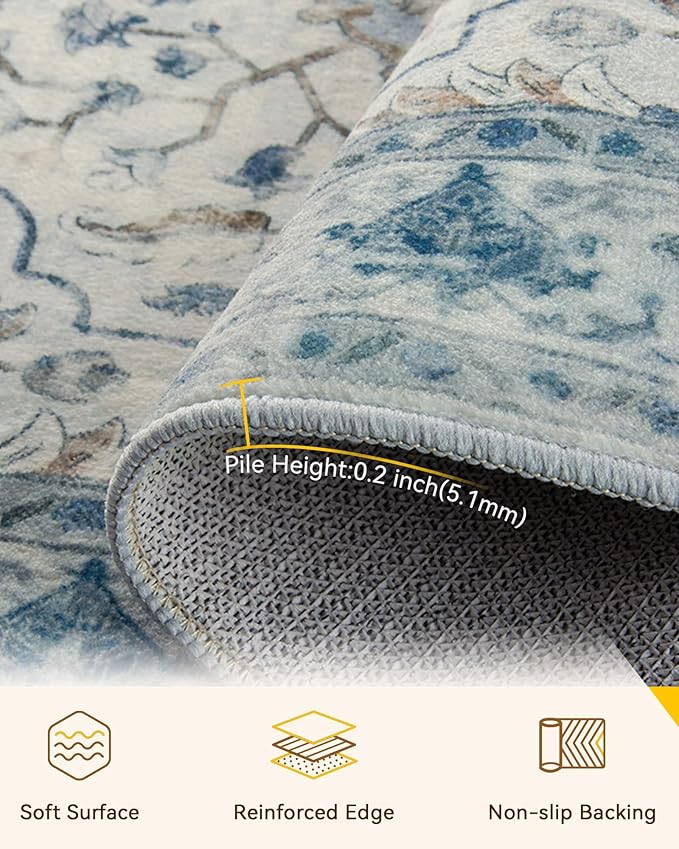 RELEANY Area Rugs Square 7ft Washable Non-Slip, Floral Vintage Distress Medallion Carpet for Living Room Bedroom Dining Room, Light Blue Navy Gray White