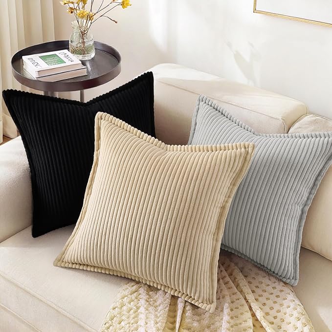 decorUhome Fall Corduroy Black Throw Pillow Covers 26x26 Set of 2 | Euro Sham Couch Decorative Soft Modern Boho Farmhouse Pillow Covers Broadside Striped Pillow Cases for Living Room Bed Sofa