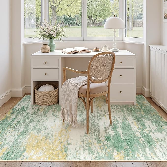 Lofus 5x7 Area Rug for Living Room, Abstract Rugs with Non-Slip Backing, Neutral Modern Washable Carpet for Bedroom Dining Room Home Office Nursery Indoor, Light Green/Yellow