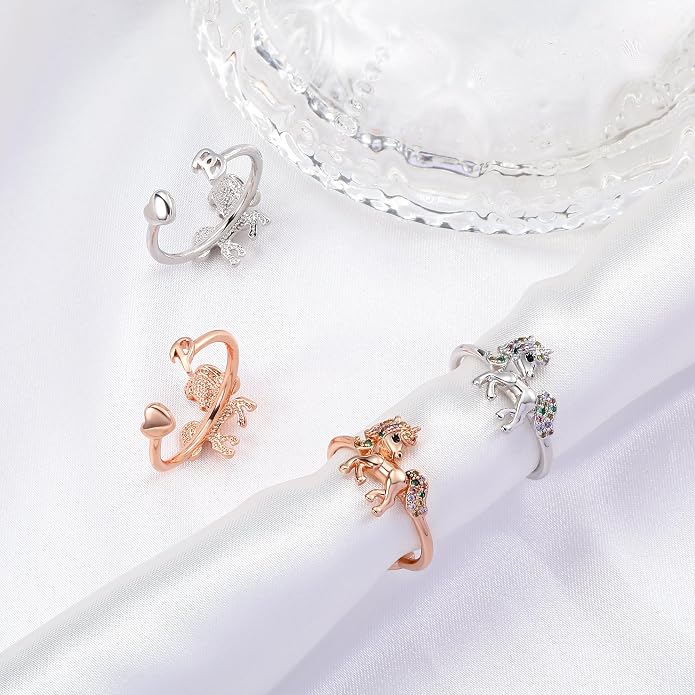 Unicorn Initial Rings for Teen Girls, Rose Gold/White Gold Plated Heart Initial Rings for Girls Adjustable Stackable Rings for Women Diny Heart Ring for Teen Girls Gifts Unicorns Gifts for Girls