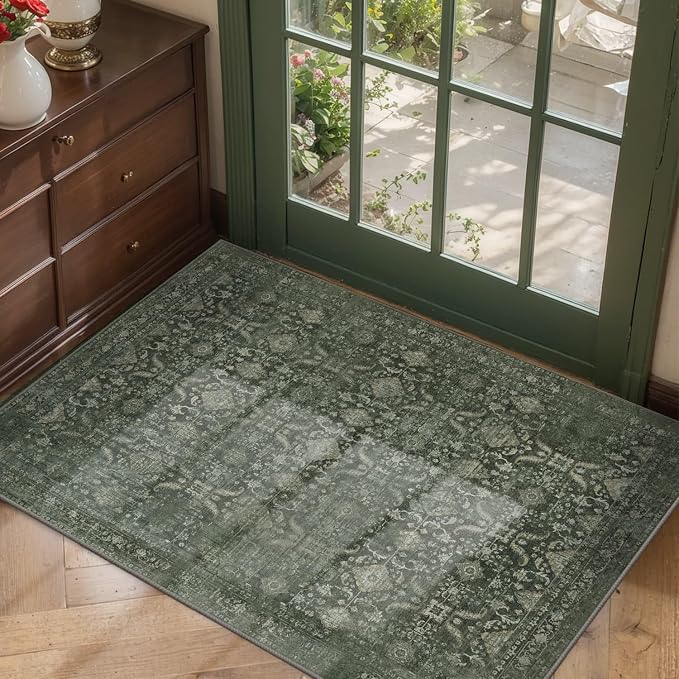 Rugxara 2x3 Entryway Rug Door Mat, Washable Samll Rug, Non Slip, Green | Rug for Entry Entrance Bathroom Kitchen, Stain Resistant, Soft Throw Accent Rug, Low Pile Front Door Mat, Vintage Boho Carpet