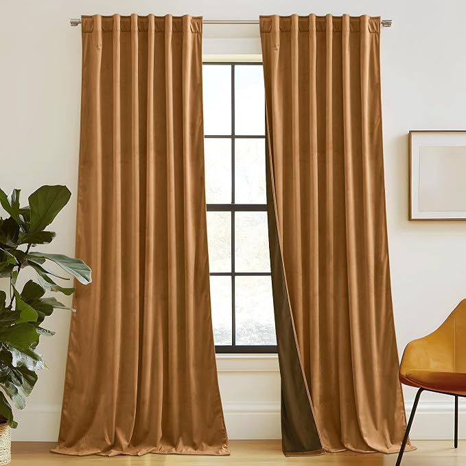 RYB HOME Bronze Velvet Curtains for Bedroom Living Room, Thermal Insulated Privacy UV Heat Blocking Luxurious Soft Rod Pocket Back Tab Drapes for Nursery, 52" W x 120" L, 2 Panels