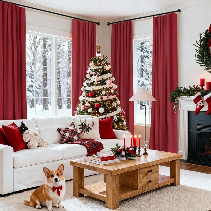 INOVADAY 100% Blackout Curtains for Bedroom, Ruby Red Black Out Curtains 84 Inch Long, Clip Rings Linen Blackout Drapes, Thermal Insulated Room Darkening for Living Room, 2 Panels - W50xL84