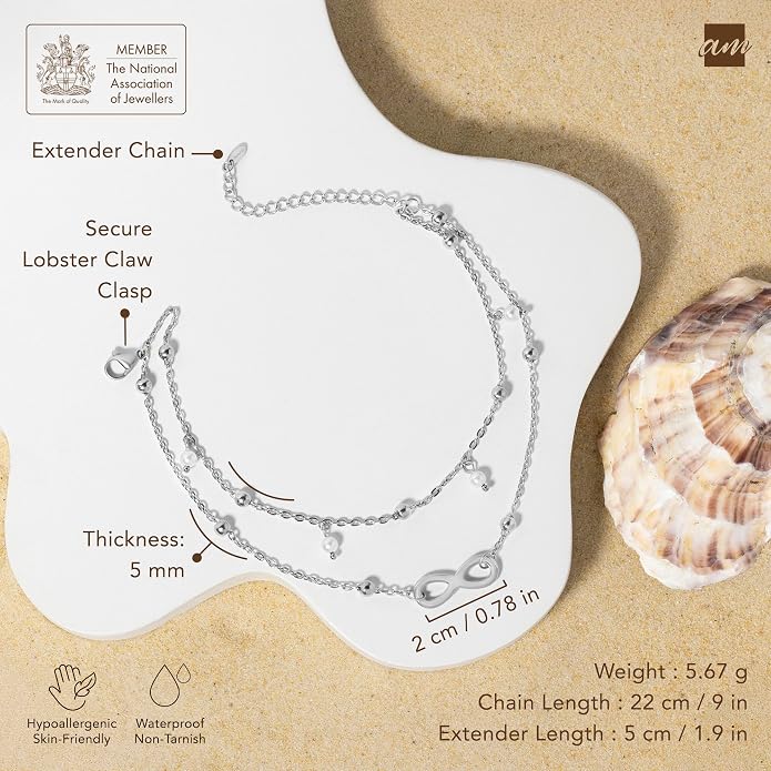Amberta Silver Gold Waterproof Ankle Bracelets for Women | Boho Layered Anklets for Women | Summer Jewelry, Adjustable Ankle Chain Beaded Rope Heart