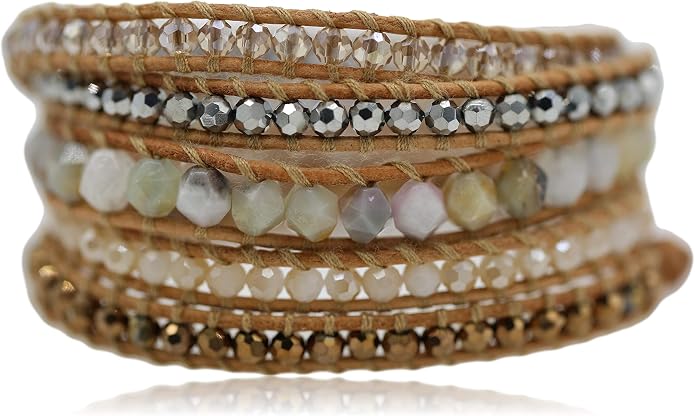 MGR MY GEMS ROCK! 35-Inch Long Multi-Layer Hand Crafted Gemstone and Crystal Multi-Stone Beaded on Genuine Leather Boho Style Stackable Super Wrap Bracelet, up to 5 Wraps.