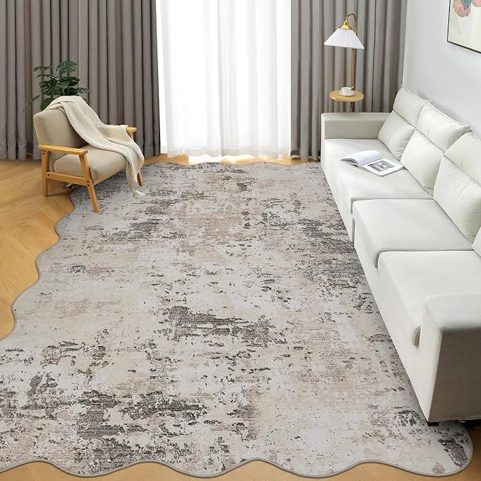 ROYHOME 5x7 Modern Abstract Faux Wool Scalloped Rug Ultra-Soft Low Pile Accent Rug Stain Resistant Carpet Machine Washable for Bedroom with Non Slip Backing, Brown Grey