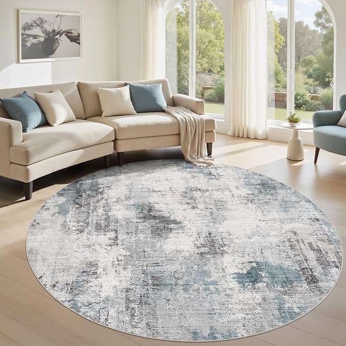 Abstract 6FT Round Rug: Machine Washable Non Slip Ultra Thin Low-Pile Carpet, Soft Stain Resistant for Living Room Bedroom Nursery, Kid Pet Friendly, Robot Vacuum Compatible - Grey Blue