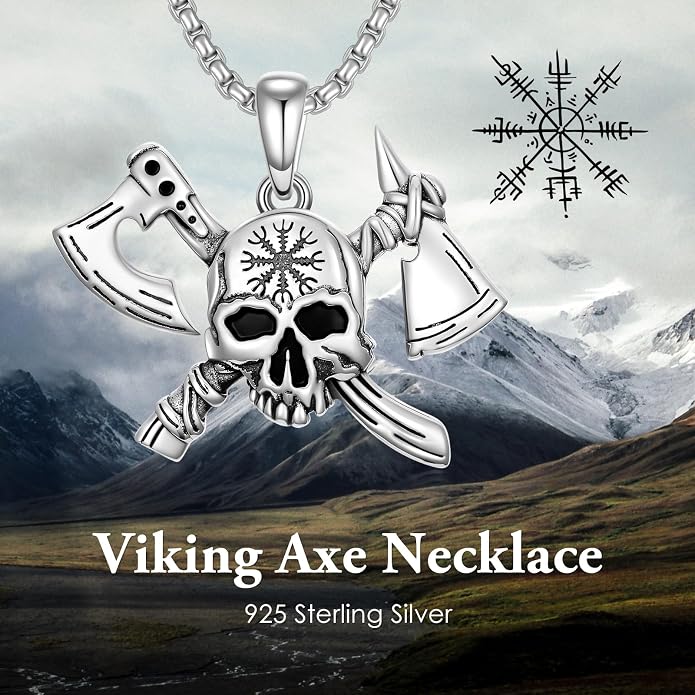 PROESS Viking Axe/Sword/Skull Necklace S925 Sterling Silver Thors Hammer Necklace Amulet Dagger Pendant Norse Viking Rune Jewelry Gifts for Men Women