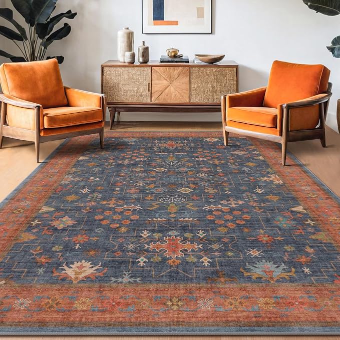 Hazo Haus 6x9 Dining Room Rugs for Under Table - Washable Area Rug for Living Room, Low Pile Non-Slip Rugs for Bedroom - Navy Blue & Terracotta Vintage Boho Eclectic Home Decor
