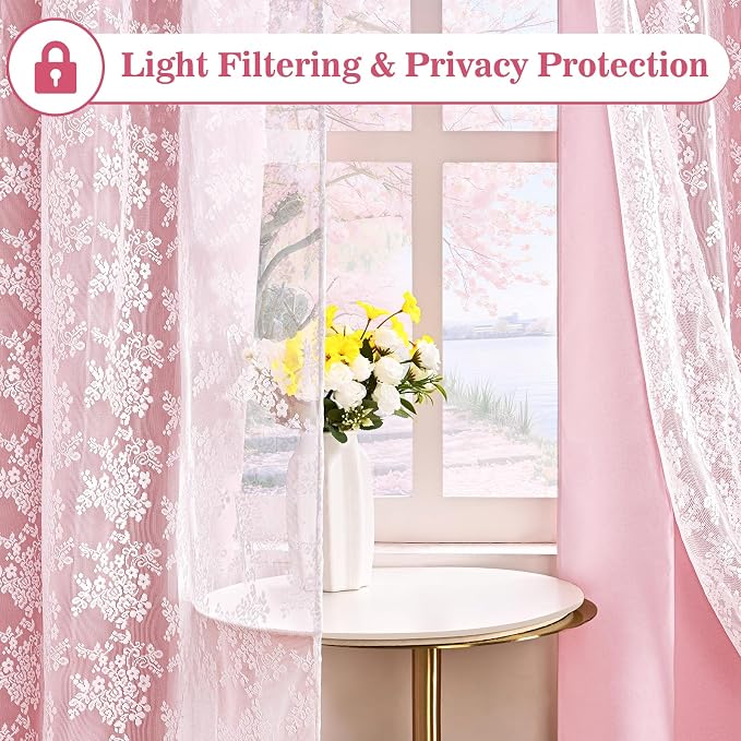 Yinhua Pink Curtains for Girls Room Double Layer Blackout Curtains for Bedroom 96 Inches Long Nursery Curtain for Living Room, Grommet Drapes with Tiebacks, 52" W x 96" L