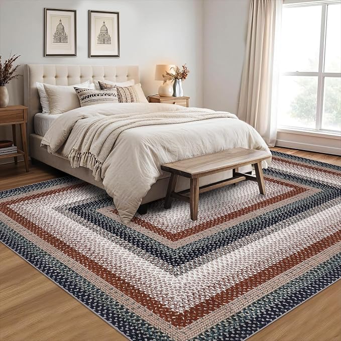 RUGSREAL Machine Washable Area Rug 6x9 Braided Rug for Living Room Modern Braid Printed Large Bedroom Rug Non Slip Dining Room Throw Rug Farmhouse Accent Carpet for Home Decor, Olive/Brown