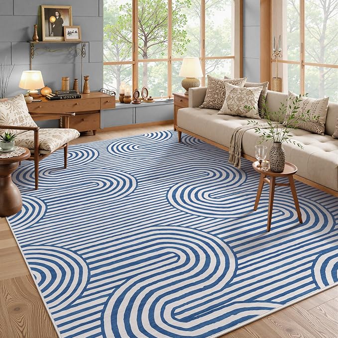 Lahome Modern Area Rugs 8x10，Blue Rugs for Living Room Machine Washable | Rugs for Bedroom Geometric Abstract Rug，Non Slip Soft Easy Clean Non Skid Carpet for Dining Office Dorm Alba(8'X10',Blue)