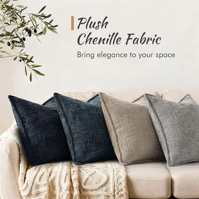 decorUhome Chenille Throw Pillow Covers 22x22 Set of 2,Midnight Blue | Soft Texture, Slubby Modern Design, Flange Edges, Cozy Accent Pillow Covers for Couch, Sofa, Bed, Living Room