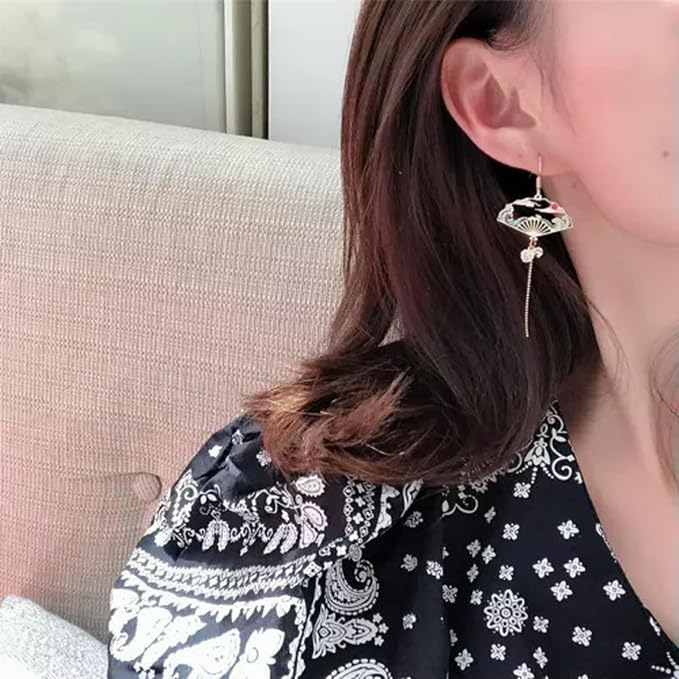 Cute Asymmetric Cat Moon Flower Long Tassel Stud Dangle Earrings Women Jewelry-Cat & Flower Fan