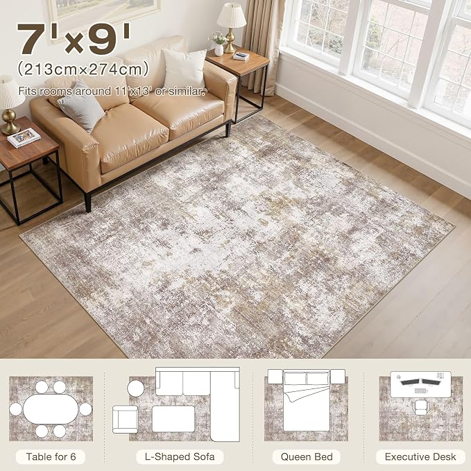 7x9 Area Rug, Non Slip Low Pile Washable Large Rug for Living Room | Soft Modern Abstract Carpet, Stain Resistant Kid & Pet Friendly, Made for Dining Room, Nursery, Office Indoor - Gold Brown