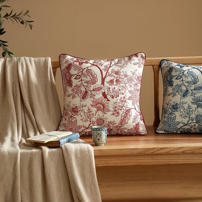 ISAENNE Designer Linen Square Throw Pillow Cover,Set of 2,18"x18"-Ruyi A | Vintage French Elegant Pillow Cover,Concealed Zipper Design,Red Floral Pattern,Sofa,Bedroom,Living Room,Lounge Chairs