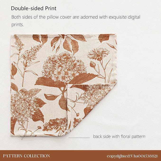 Foindtower Set of 2 Linen Floral Throw Pillow Covers Vintage Accent Print Decorative Cozy Cushion Covers Farmhouse Boho Home Decor for Sofa Chair Couch Bedroom Living Room,20×20 Inch,Autumn Orange