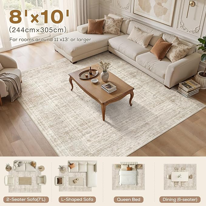 Nakagishi 8x10 Area Rugs Living Room: Washable Large Vintage Rug Neutral Non-Slip Soft Stain Resistant Indoor Carpet for Bedroom Nursery Dining Room Office Playroom - Beige Gray