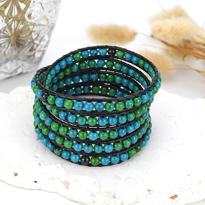 AeraVida Malachite Leather Wrap Bracelet Genuine Brown Leather Green Stone Beaded Multi Wrap Bracelet Handmade Boho Artisan Jewelry 34 Inch