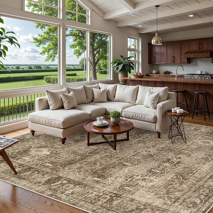 Lahome Margot Vintage 9x12 Washable Brown Rugs for Living Room Bedroom, Boho Dining Room Rugs for Under Table, Soft Non Slip Indoor Throw Carpet for Home Office Playroom (9x12ft,Brown)