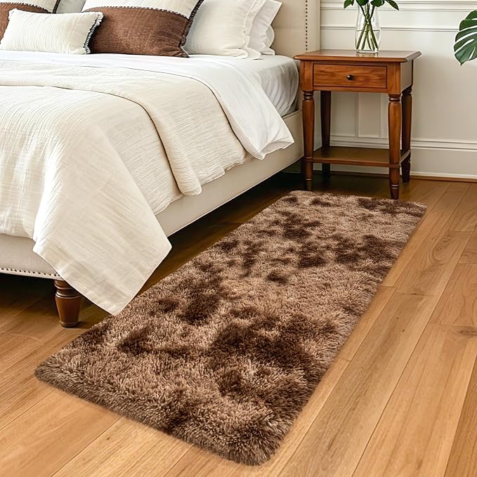 2x5 Feet Soft Fluffy Brown Runner Rug for Bedroom, Washable Plush Shag Carpet for Living Room, Hallway, Nursery, Dorm, Fuzzy Bedside Rug for Kids Girls Room, Home Decor