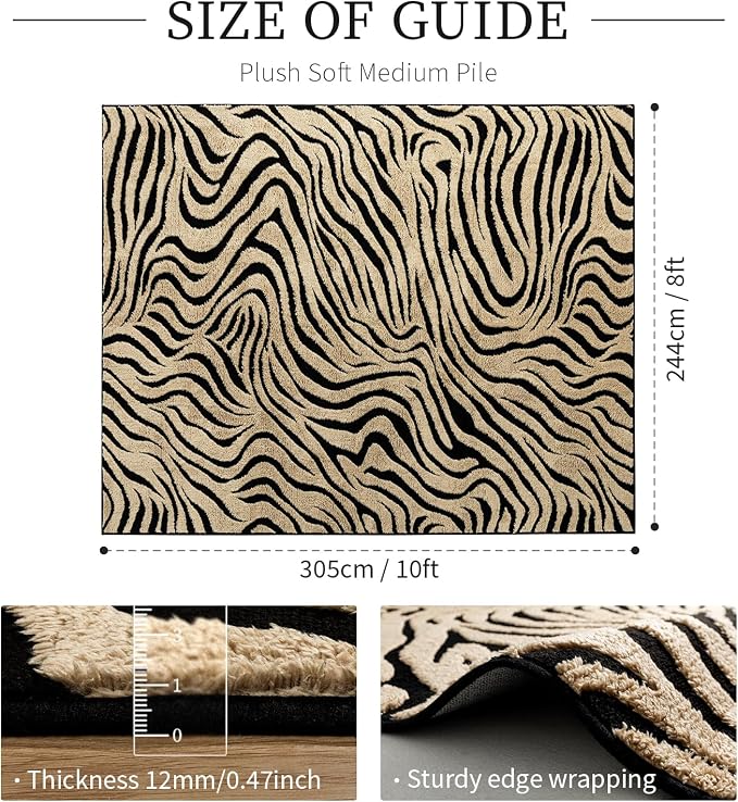 YIHOUSE 8×10 Ft Zebra Area Rugs Black and Beige: Washable Nonslip Plush Soft Rug for Living Room - High-Low Striped Carpet for Bedroom Dining Room Office Playroom Nursery Home Decor