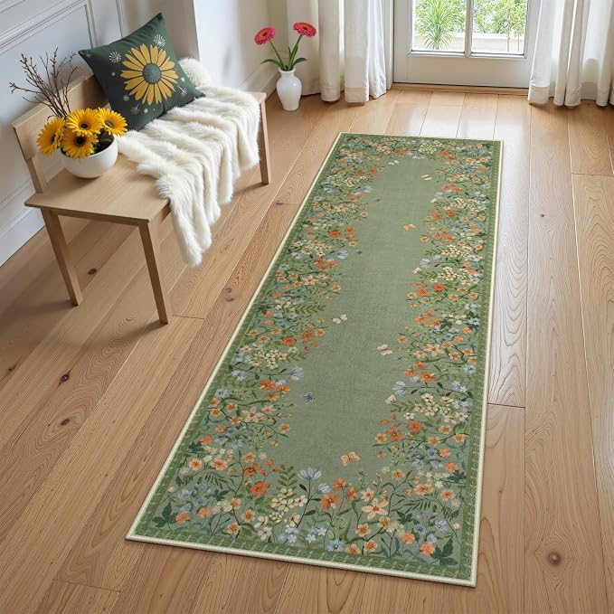 Wonnitar 2x6 Washable Runner Rug, Green Floral Hallway Runner, Boho Botanical Kitchen Rug, Non Slip Bedroom Runner for Side of Bed, Farmhouse Laundry Bathroom Decor (2x6 Green)