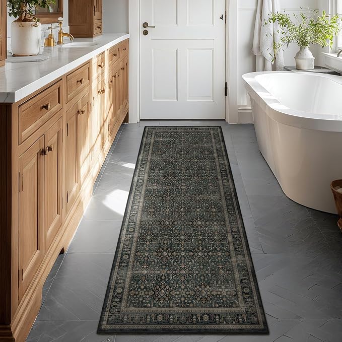 Dark Teal 2x6 Rug Runners for Hallways Non Slip, Washable Runner for Kitchen Floor 6ft, Vintage Moroccan Floral Trellis Carpet Runners for Bathroom/Bedroom Bedside/Entryway/Laundry Room