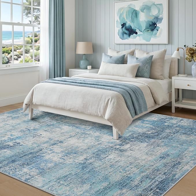 RELEANY Washable Area Rugs 5'x7' Non-Slip Modern Abstract Soft for Living Room Entryway Bedroom Kitchen, Print Pattern, Blue Teal