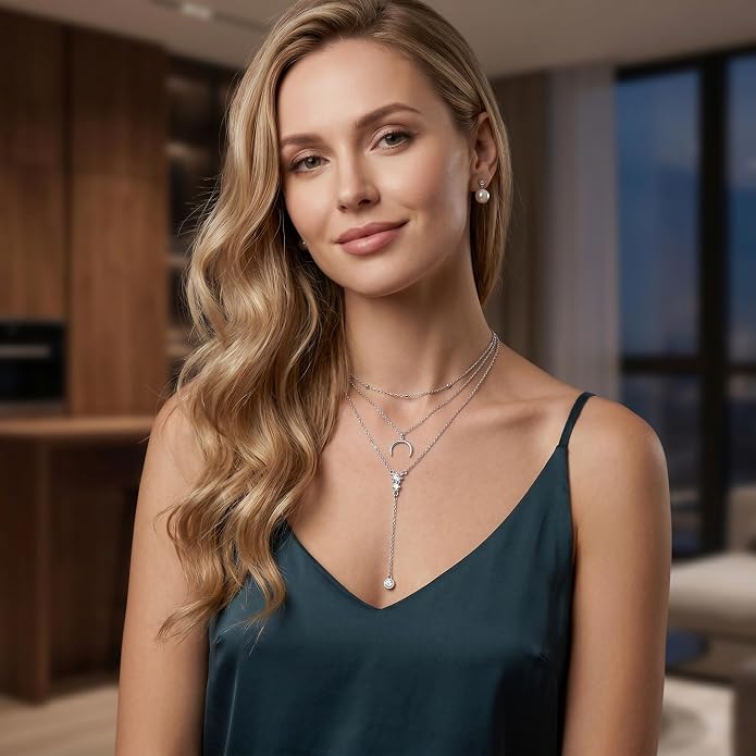 MONGAS Boho Layered Necklace Sterling Silver Triple 3 Stacked Vertical Bar Triangle Long Layering Necklaces Christmas Jewelry Gifts for Women