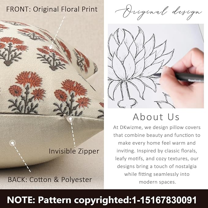 Farmhouse Floral Pillow Covers 20x20 Set of 2, Country Botanical Throw Pillow Cover for Sofa Couch Bed Living Room, Earthic Vintage Flower Cushion Covers Cottage Home Decor,Terracotta