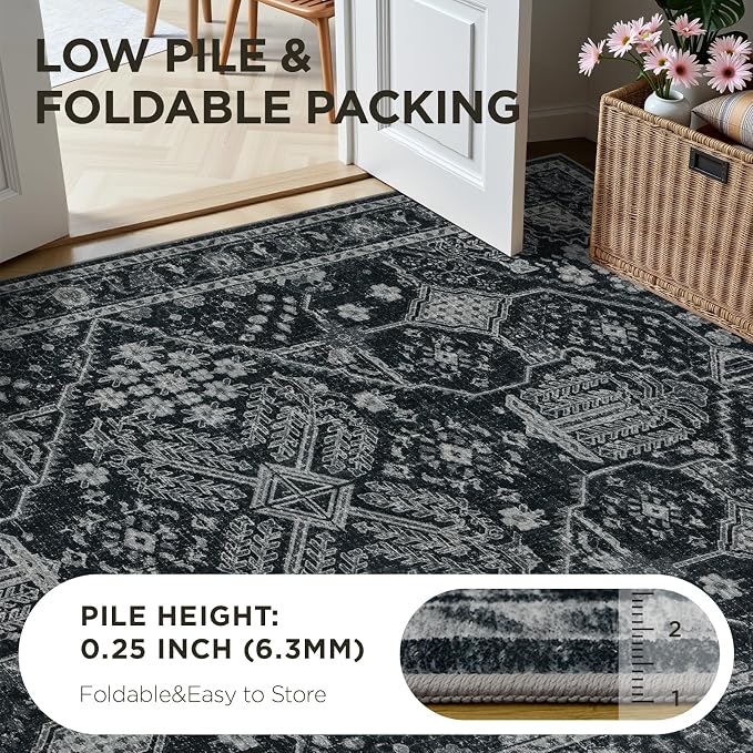 Joydeco 5x7 Area Rugs for Living Room, Non Slip Machine Washable Vintage Rug, Low Pile Thin Chenille Print Rugs for Bedroom, Dining Room, Pet & Child Friendly, Home Office, Dark Gray&Light Gray&Black